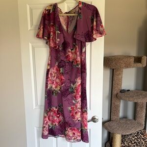 Mauve Floral V-Neck Midi Dress